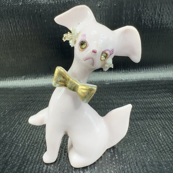 Thames Pink Ceramic Poodle Figurines Gold Bows Rhinestone Eyes Spaghetti Set 3 - Picture 11 of 15